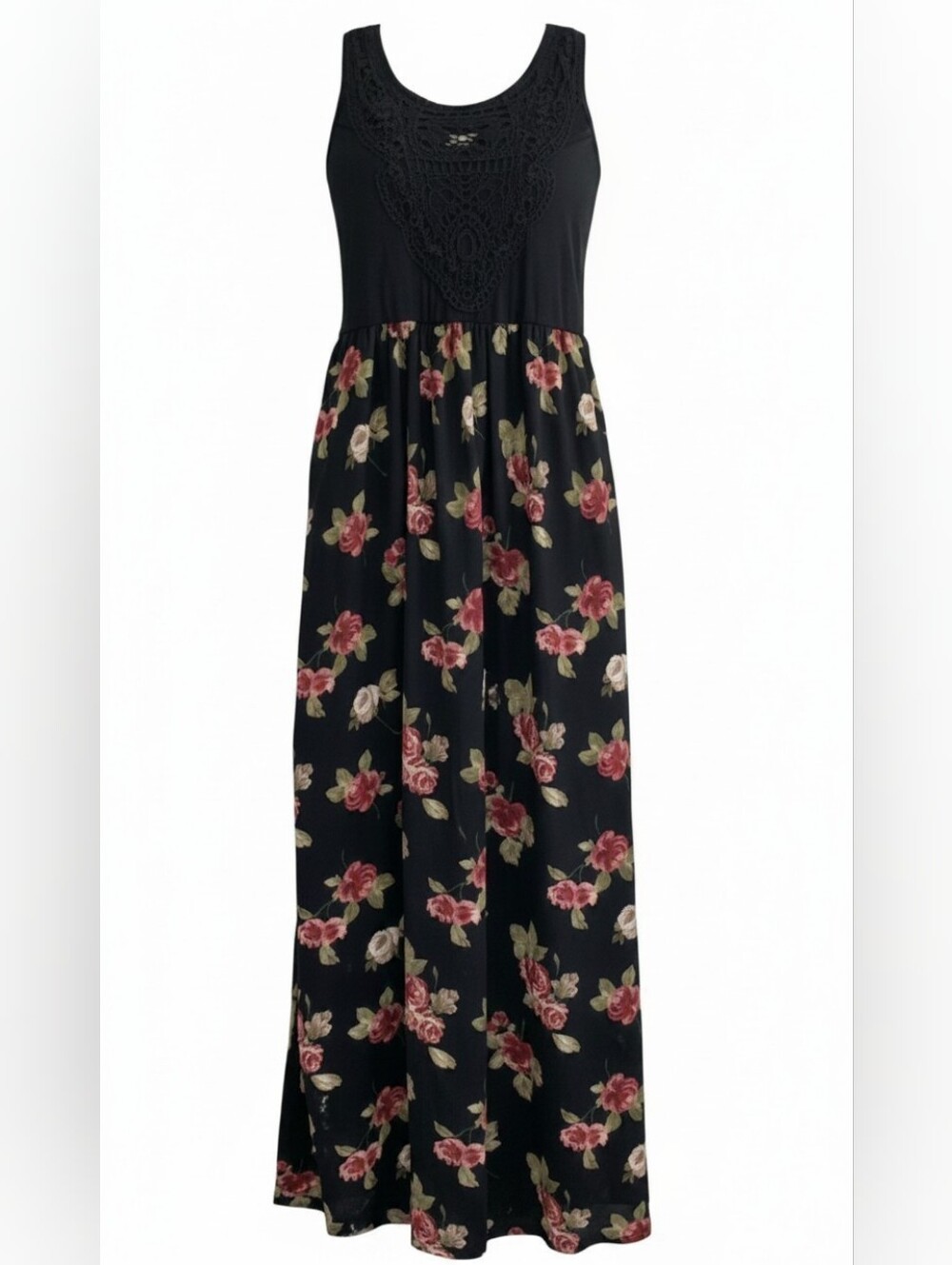 ​🌸 Xhilaration Floral Crochet Lace Trim Maxi Dress Size S Sleeveless